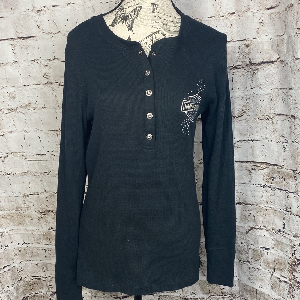Harley-Davidson Daytona Beach Black Henley Long Sleeve Top Size L